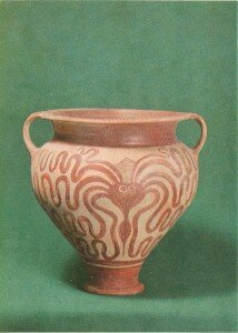 Амфора с изображением осьминогов. 1400-1230 годы до н.э. Глина, оранжево-красная краска (Никозия, Кипрский музей)